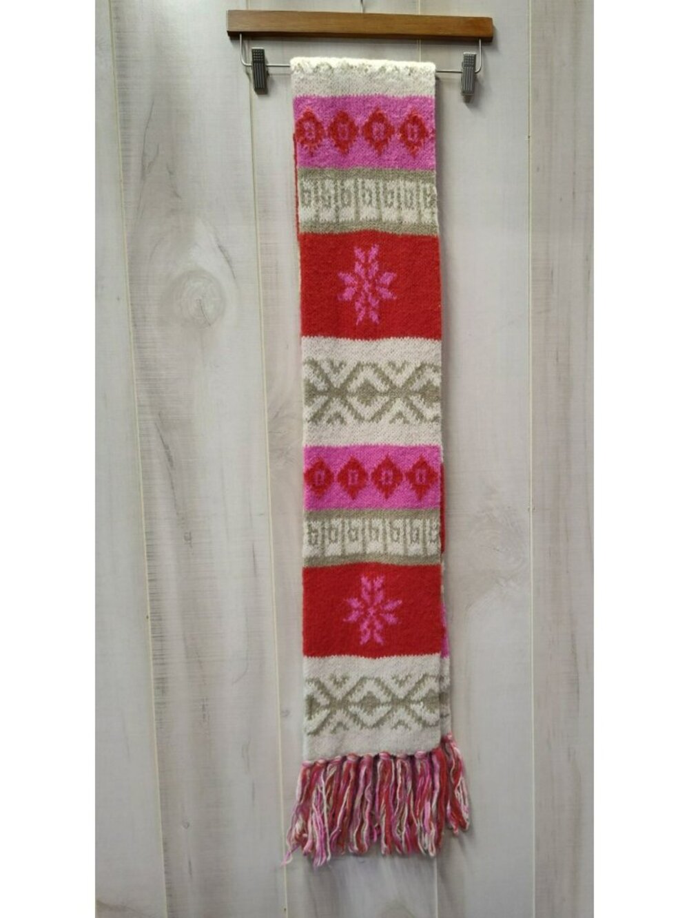 Y2K Old Navy Knit Scarf 2004 Pink Colorful Fair Isle Fringe Winter Retro